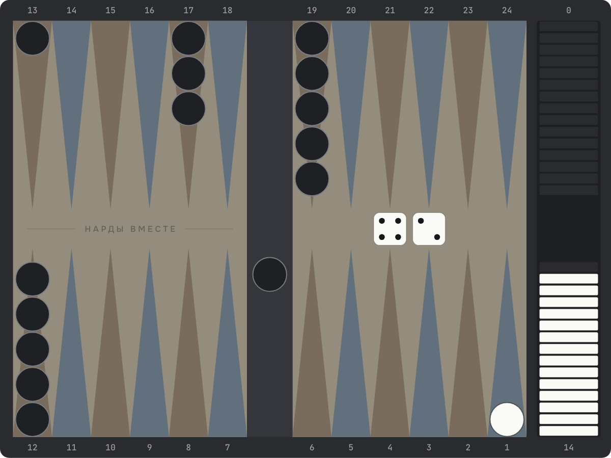 Короткие нарды: у белых одна шашка на 1-м пункте, у чёрных ни одной снятой и одна шашка на баре — кокс